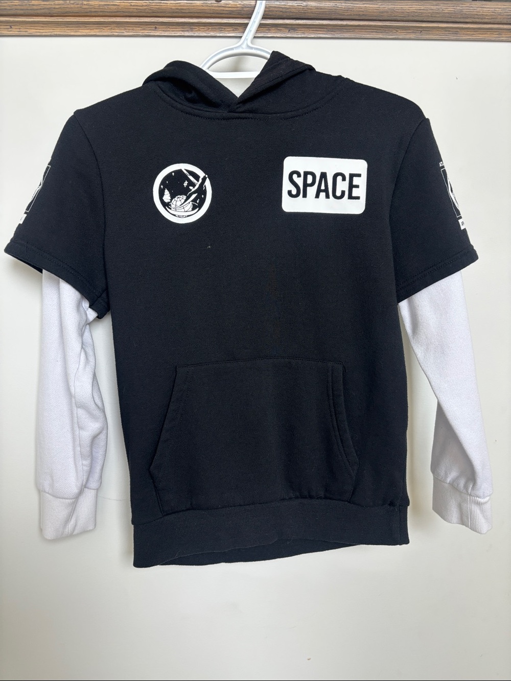 Urban Heritage Kids Black Hoodie with White Sleeves - Space Patch, size 10-12